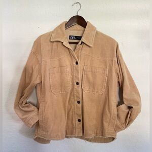 Zara Corduroy Shacket Oversized Shirt Jacket Tan Raw Hem Boyfriend Siz…